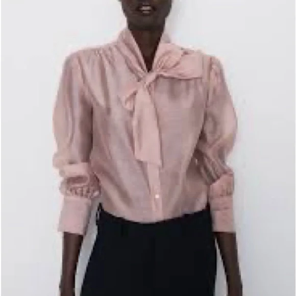 Nude organza blouse with bow at neckline - Picture 2 of 3